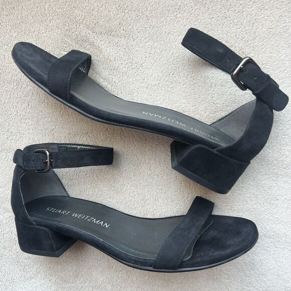 Stuart Weitzman Nudist June Black Suede Low Block Heel Ankle Strap Sandal US 5.5 - Picture 1 of 16